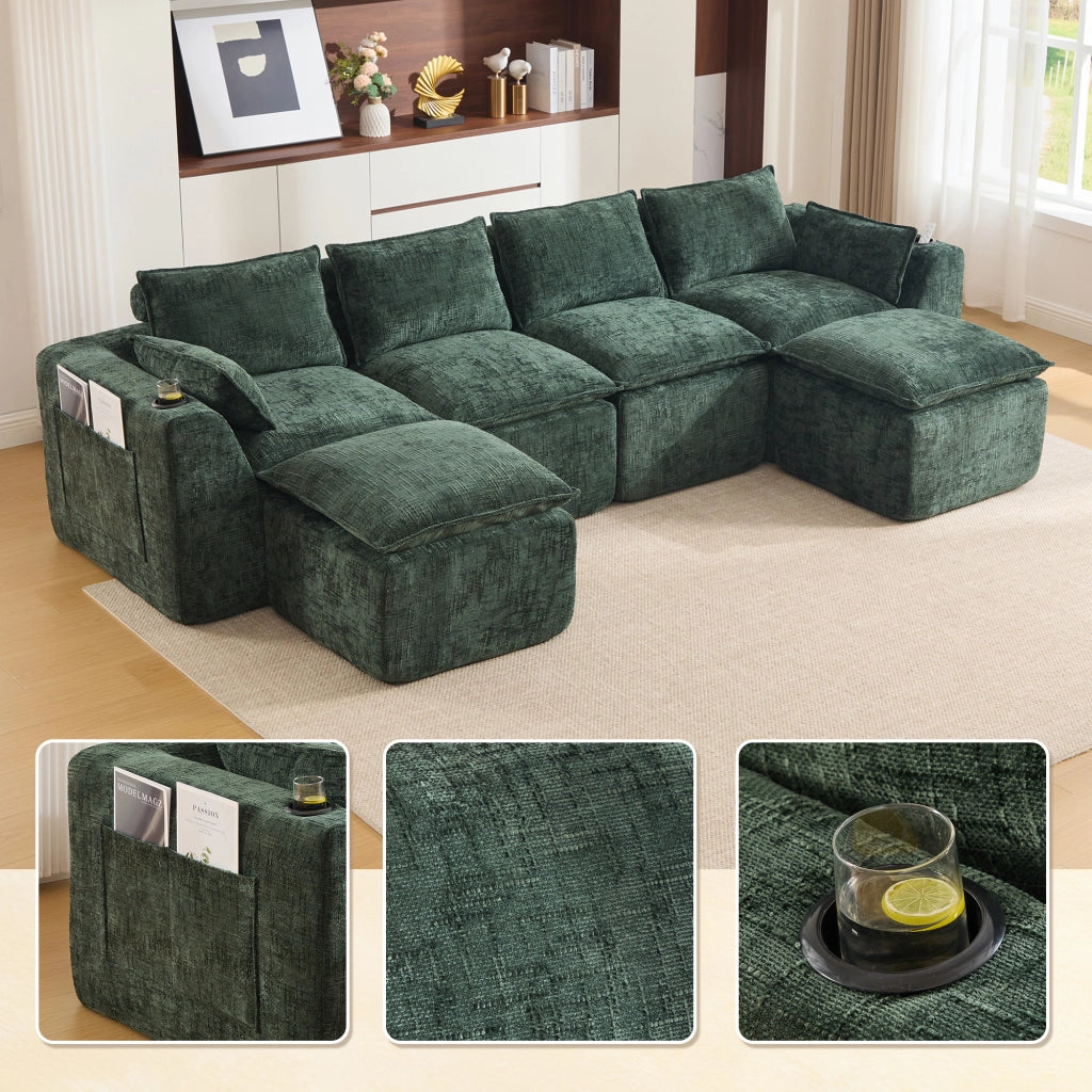 Divano modulare 322x161x75 cm combinabile con tasche laterali e cuscini in ciniglia verde