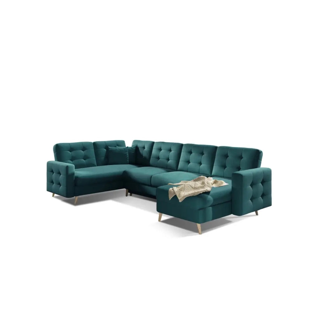 Divano ad angolo panoramico convertibile U HASGARD 326 cm verde velluto con contenitore
