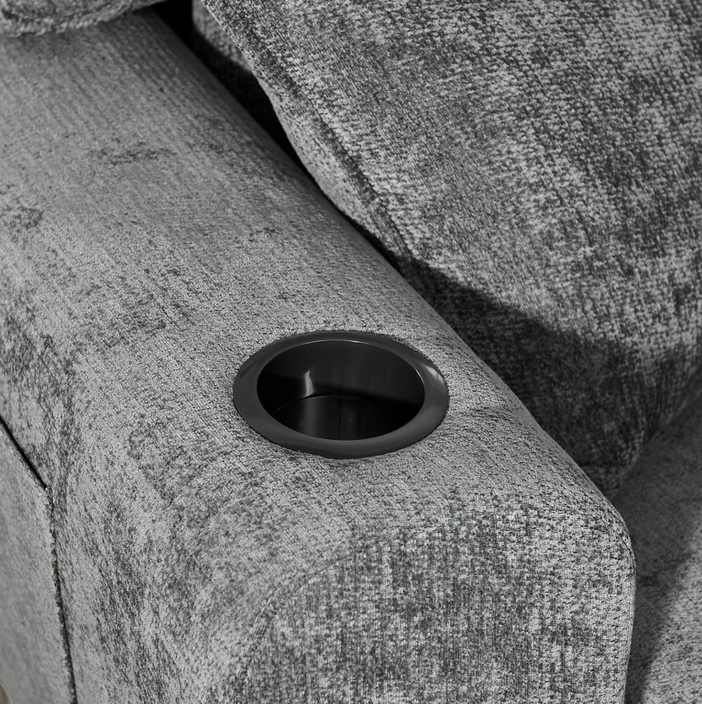 Divano relax 2 posti in chenille grigio con USB; tasche laterali; portabicchieri e cuscini