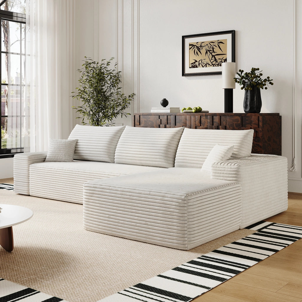 Divano angolare modulare con chaise longue in velluto a coste rigato e schiuma elastica facile da montare bianco