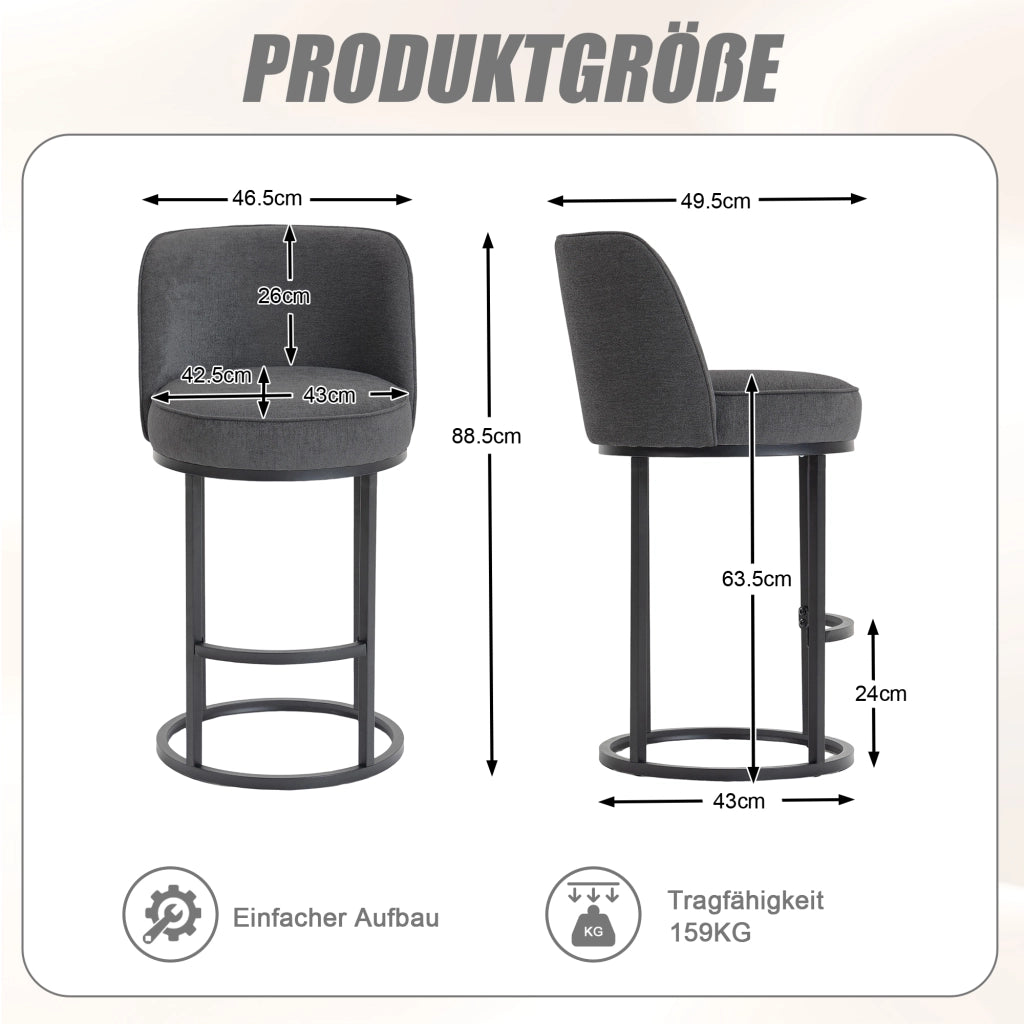 Sgabelli da Bar Set 2 Pezzi ¨C MINIMAL ¨C Seduta Imbottita in Tessuto, Gambe in Metallo Nero