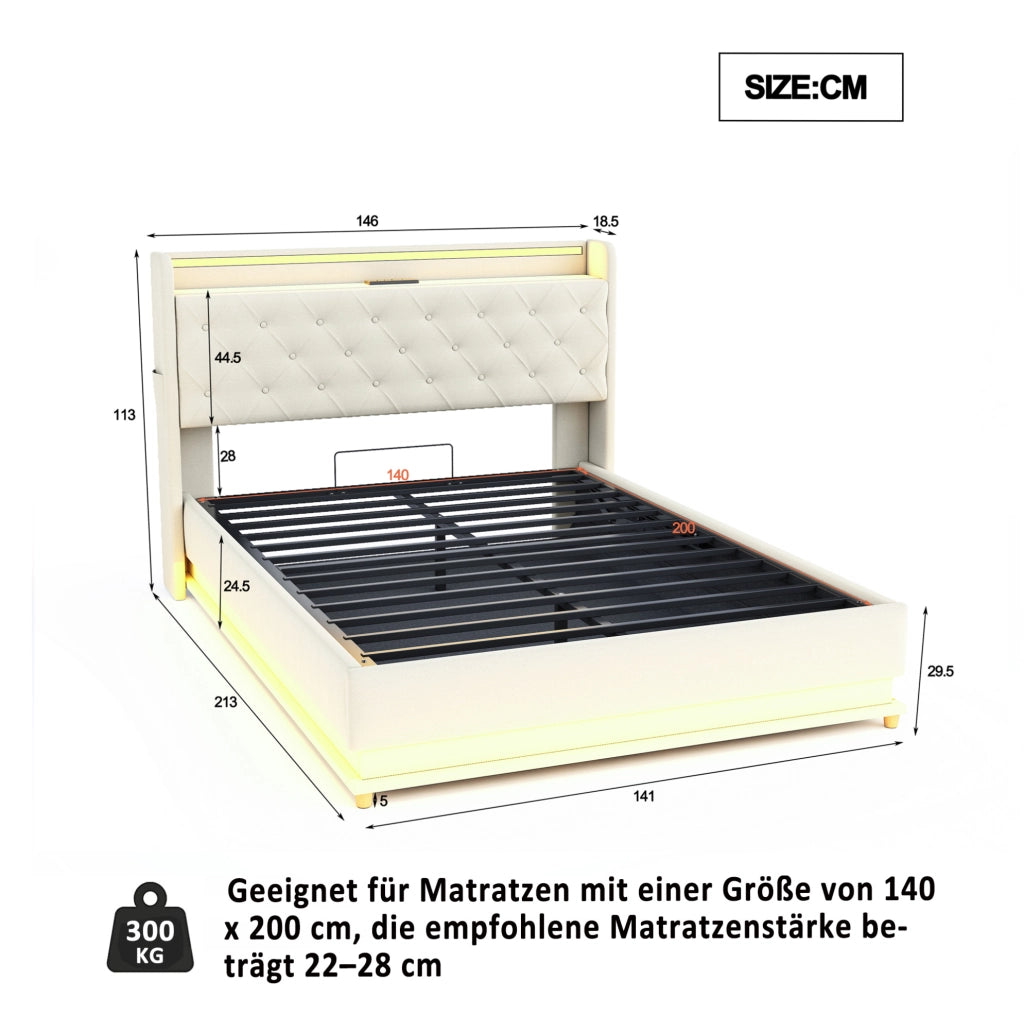 Letto imbottito LED 140x200 cm con porta USB; contenitore idraulico e tessuto effetto lino beige