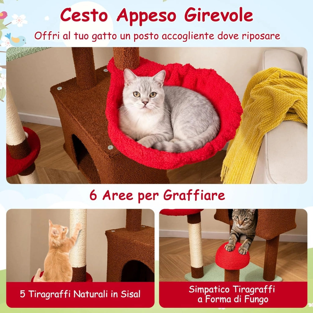 Albero per Gatti da Pavimento a Soffitto, Tiragraffi per Gatti a Forma di Fungo con Altezza Regolabile, Condo, Amaca, Cestino Sospeso Ruotabile, Tiragraffi in Sisal e 2 Palline a Molla