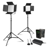 2x LED Niova 100-F Pro 100 W bi-color panel light set con 2x treppiede per lampada e 2x batteria con attacco a V, luce video dimmerabile, luce da studio con luce soffusa