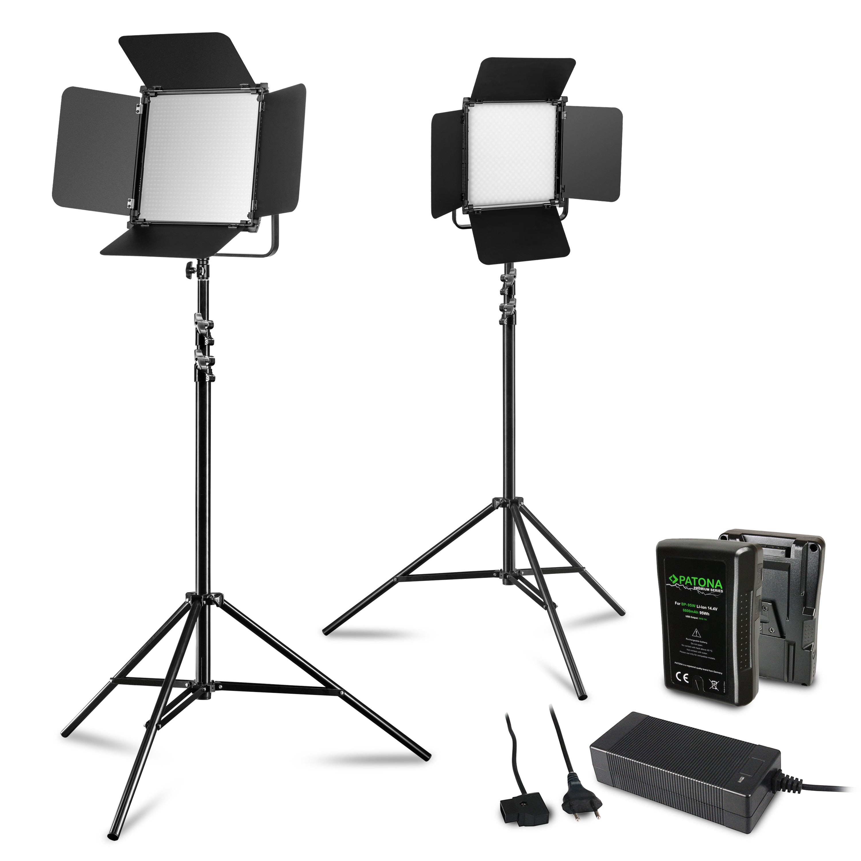 2x LED Niova 100-F Pro 100 W bi-color panel light set con 2x treppiede per lampada e 2x batteria con attacco a V, luce video dimmerabile, luce da studio con luce soffusa