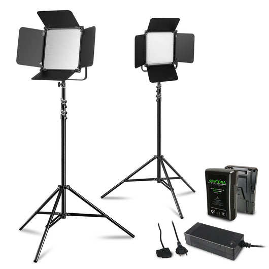 2x LED Niova 100-F Pro 100 W bi-color panel light set con 2x treppiede per lampada e 2x batteria con attacco a V, luce video dimmerabile, luce da studio con luce soffusa