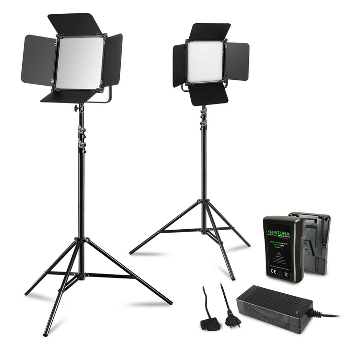 2x LED Niova 100-F Pro 100 W bi-color panel light set con 2x treppiede per lampada e 2x batteria con attacco a V, luce video dimmerabile, luce da studio con luce soffusa