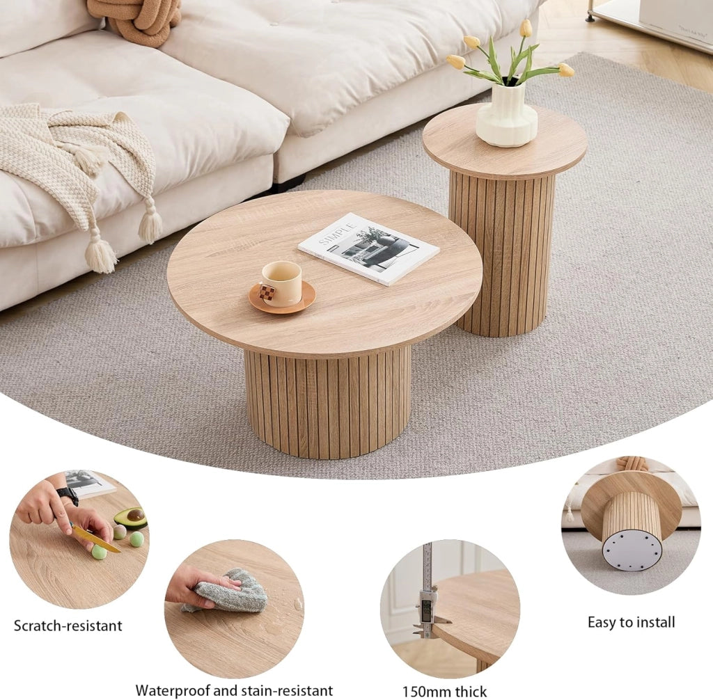 GrandCA HOME - Set di 2 Tavolini Rotondi da Caffè, Tavolino Rotondo da Divano, Piano in MDF con Base a Doghe in Legno, Ideale per Soggiorno e Ufficio (Venature in Legno Naturale)