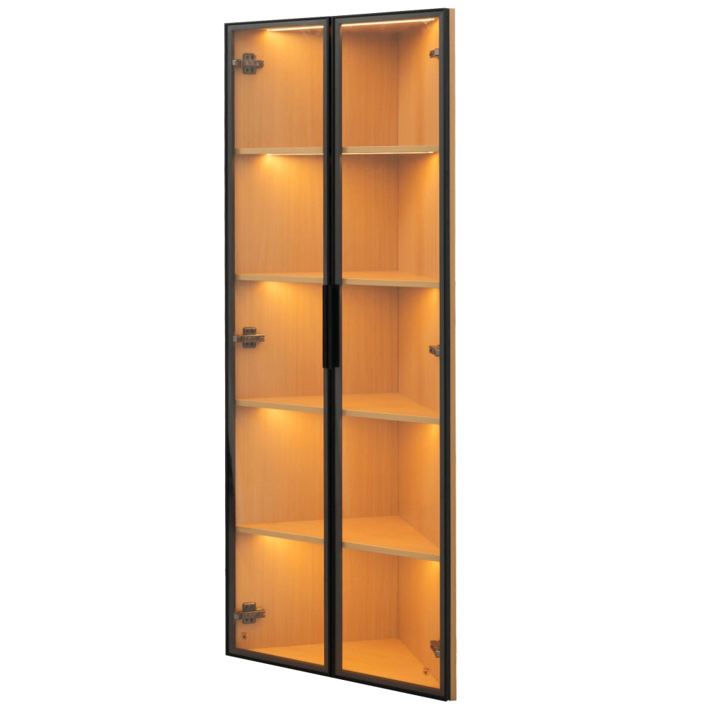 Vetrina Ad Angolo con 1 Anta e LED; Telaio in Alluminio; Stile Moderno; in MDF e Vetro Temperato; Rovere; 62??35??160 cm