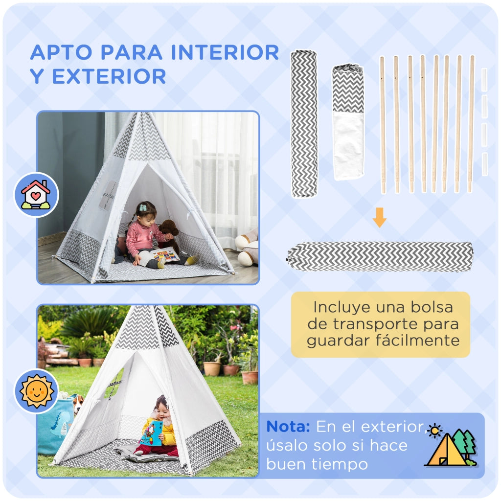 Casetta Tipi per Bambini in Legno con Ventana e Colchoneta ¨C Zephmum ¨C Grigio 120x120x155 cm