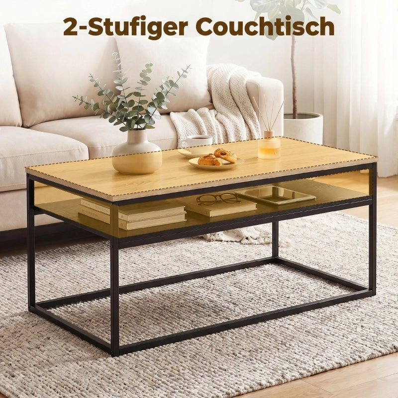 TAVOLINO da caffè 100 x 59,8 cm in effetto rovere e metallo, 2 livelli