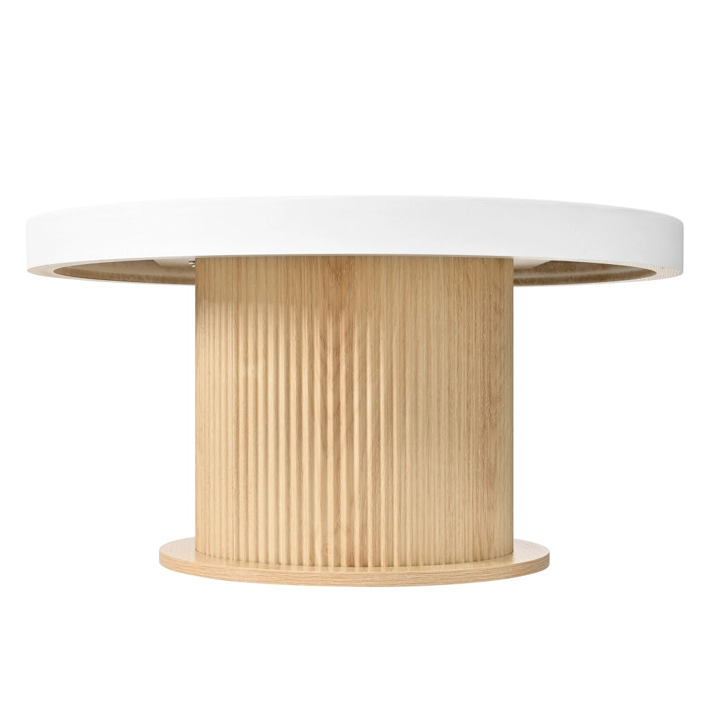 Tavolino basso rotondo con piano bicolore bianco e legno, base cilindrica scanalata, per soggiorno, 75 × 75 × 39 cm