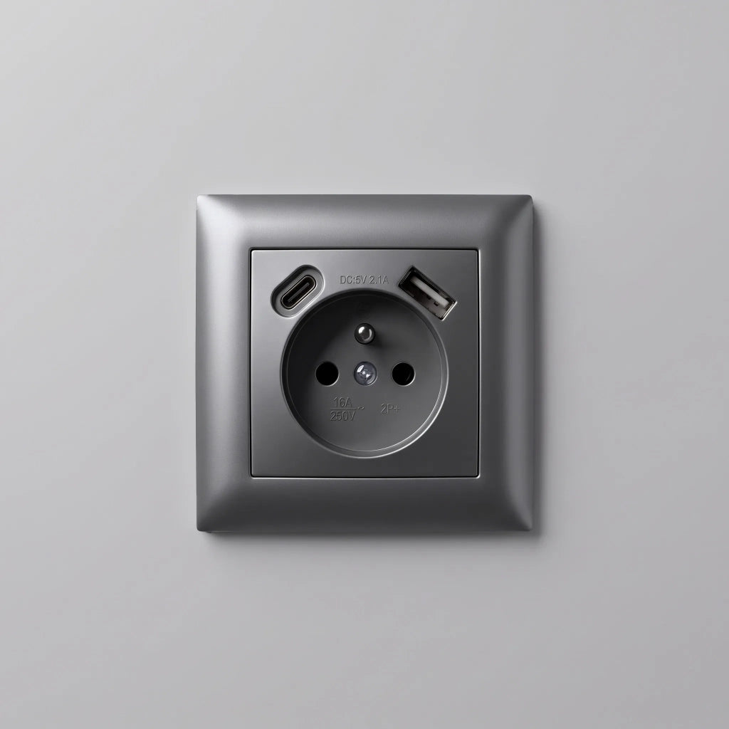 Presa Singola Con Messa A Terra + Usb-a Usb-c Oste Jnh004-g Grey