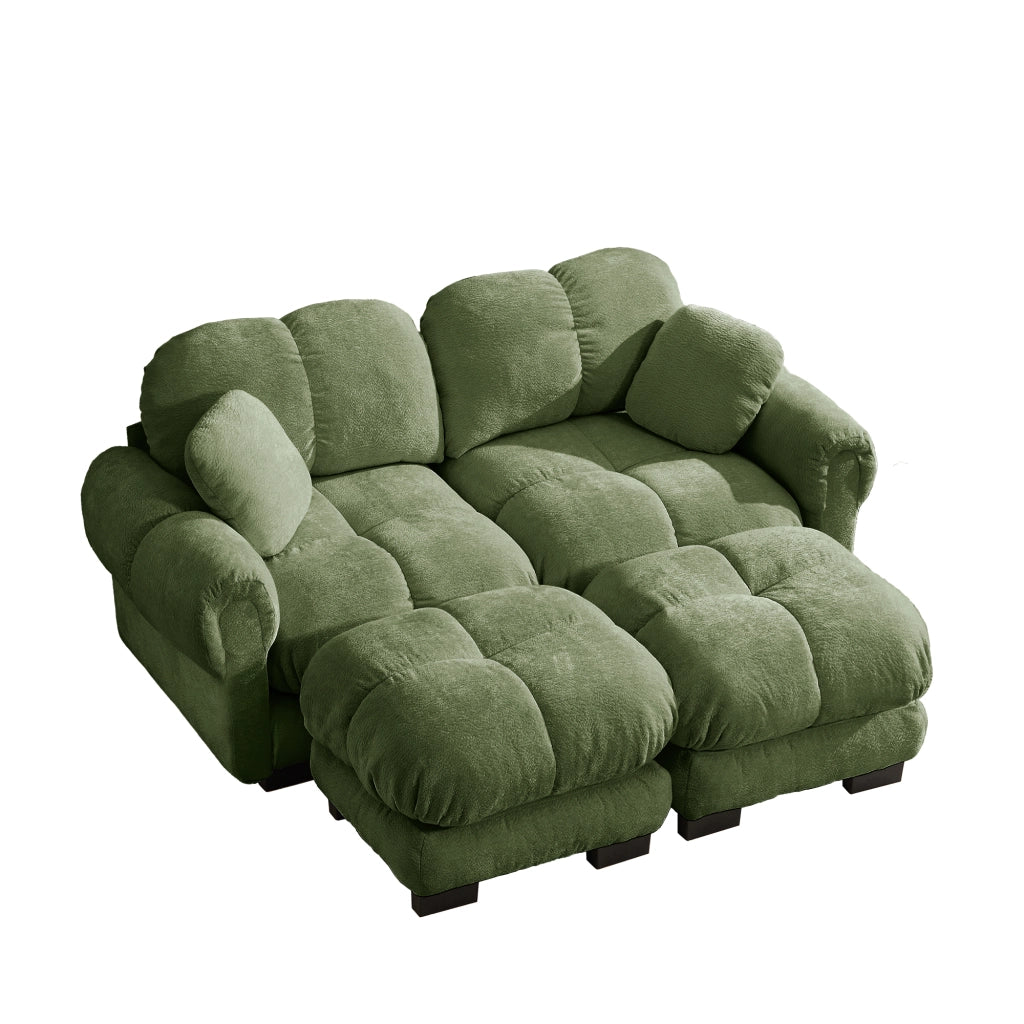 Divano modulare 2 posti con pouf mobile e cuscino, seduta trapuntata, Chenille, Verde, 190 × 149 × 90 cm