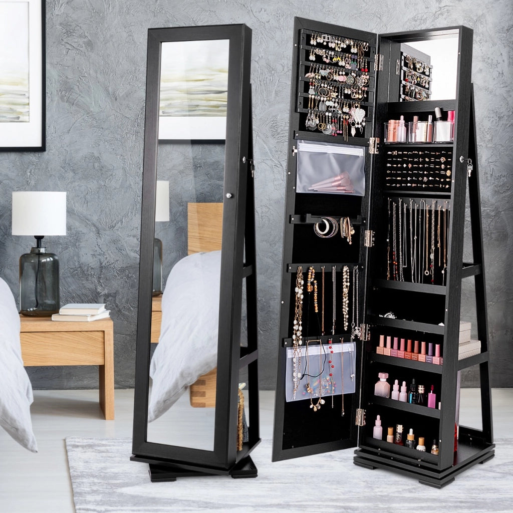 Armadio portagioielli girevole a 360¡ã con specchio, Organizer gioielli 2 in 1 a figura intera Nero-Armadietti per gioielli