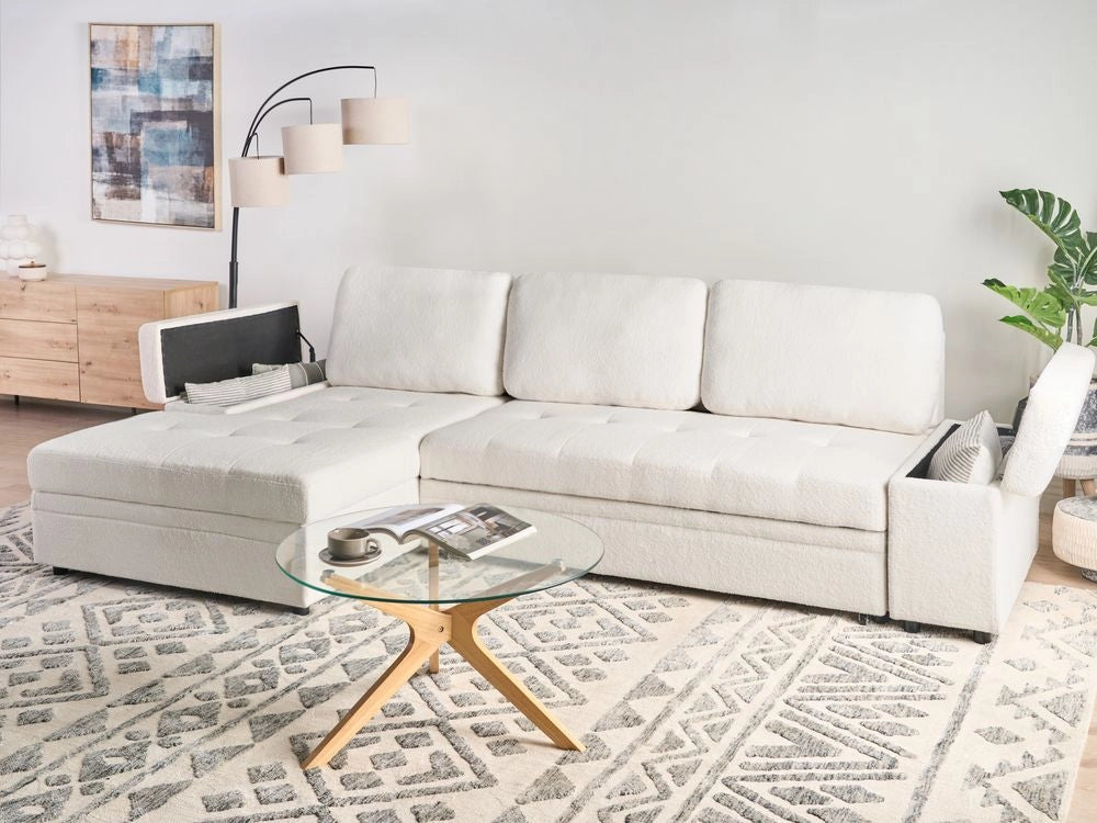 Divano letto angolare Bianco Boucle imbottito Orientamento a destra con letto contenitore