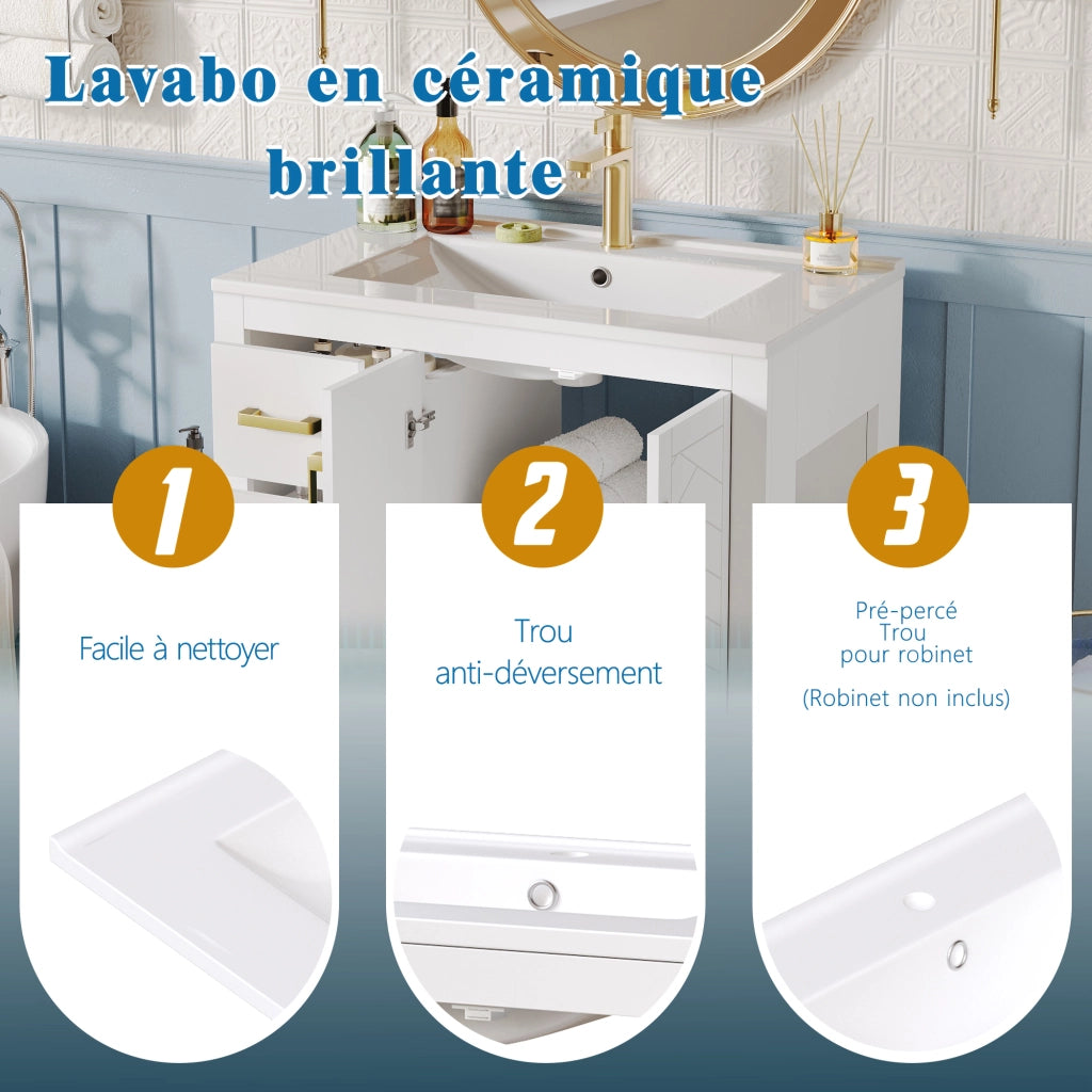 Mobile sottolavabo con lavabo in ceramica, 2 ante, 3 cassetti e ripiani aperti per bagno, bianco, 76.5 × 46.5 × 84.5 cm