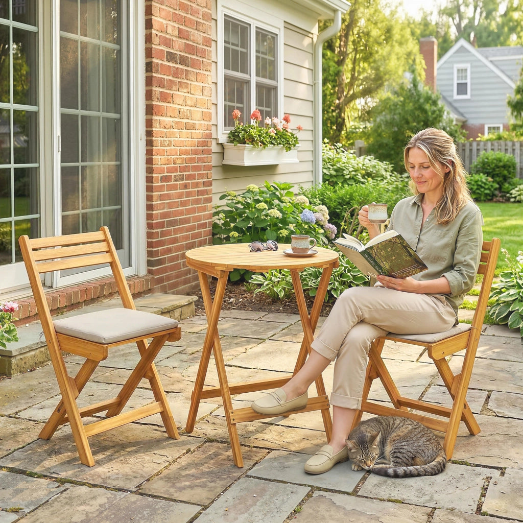 Set Giardino 3 Pezzi Legno FSC Pieghevole con Tavolo Rotondo 2 Sedie e Cuscini ¨C zephmum ¨C Grigio