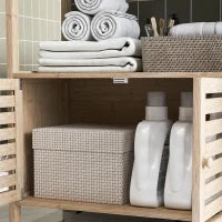 Mobile Bagno in Bambù con 3 Ripiani e Armadietto Inferiore, 63x30x138 cm, Color Legno e Bianco