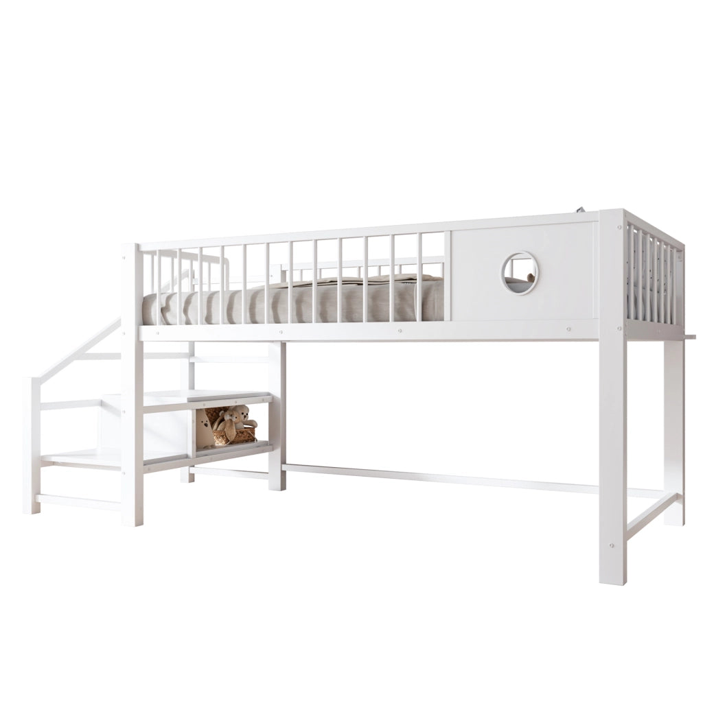 Letto a castello basso per bambini e ragazzi 90x200 cm in metallo bianco con scala contenitore
