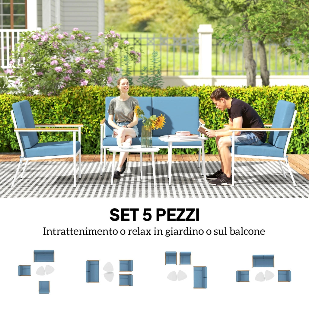 Set  5 Pezzi da Esterno Divano 2 Poltrone e 2 Tavolini in Vetro Azzurro