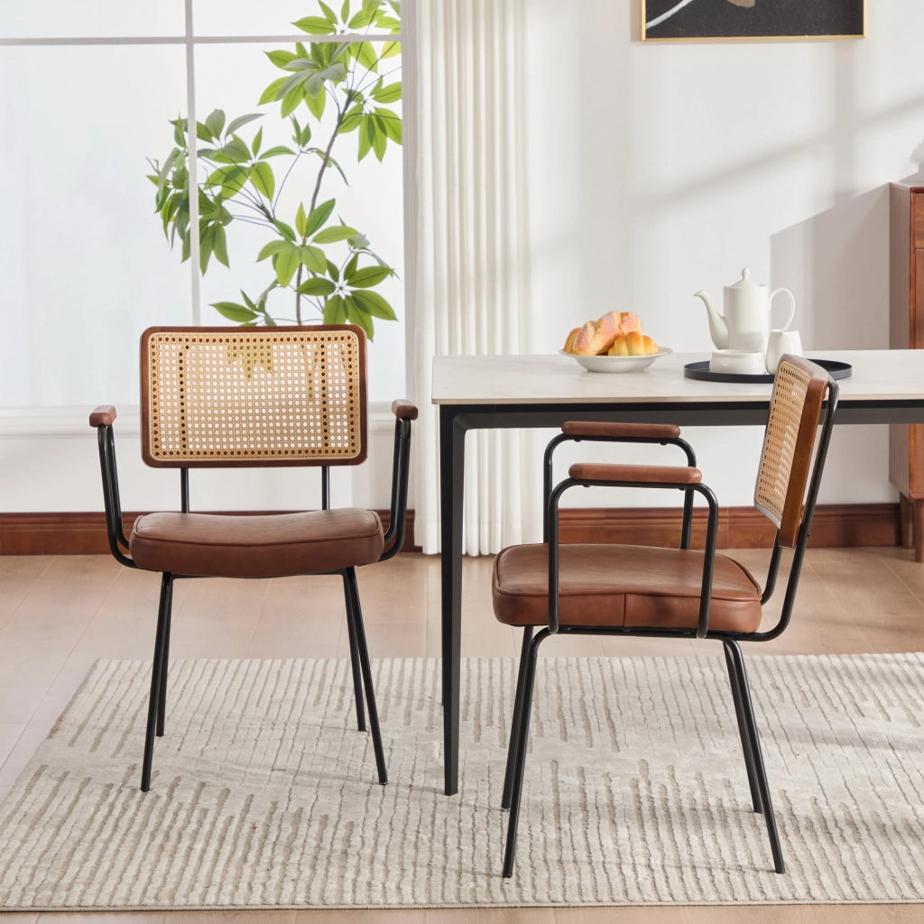 Set di 2 sedie da pranzo 38x57.5x61.5 cm con braccioli; schienale ergonomico in PU e metallo marrone