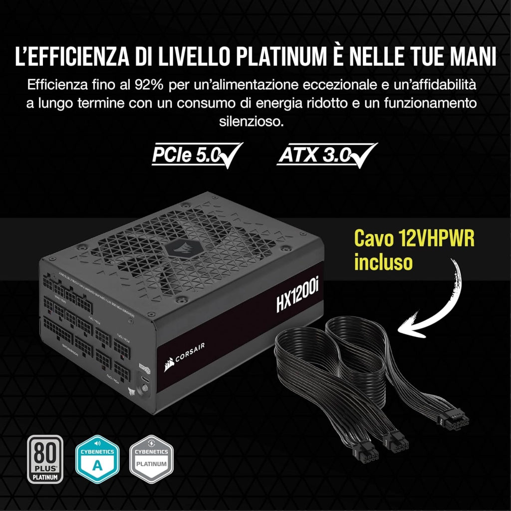 HX1200i Interamente Modulare Ultra-Silenzioso Alimentatore - Compatibilità con Standard ATX 3.0 e PCIe 5.0 - Ventola con Cuscinetto Fluidodinamico - CORSAIR iCUE - 80 PLUS Platinum - Nero