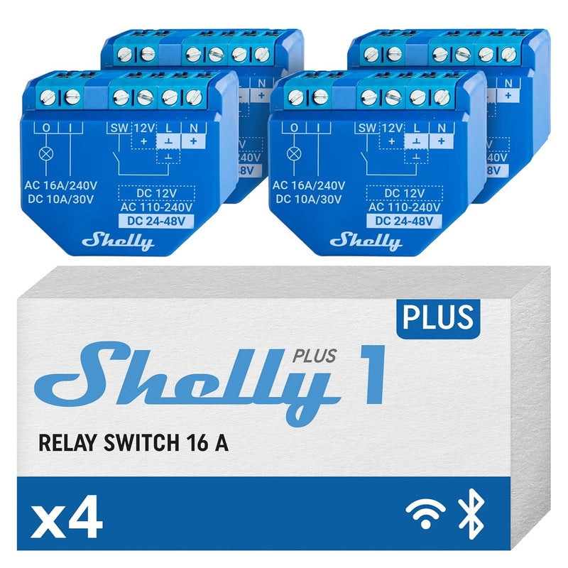 Shelly Plus 1 | Interruttore Relè intelligente WiFi e Bluetooth | Domotica | Compatibile con Alexa e Google Home | App iOS e Android | Nessun hub richiesto Controllo dell'illuminazione Telecomando fai da te Porta del garage (confezione da 4)