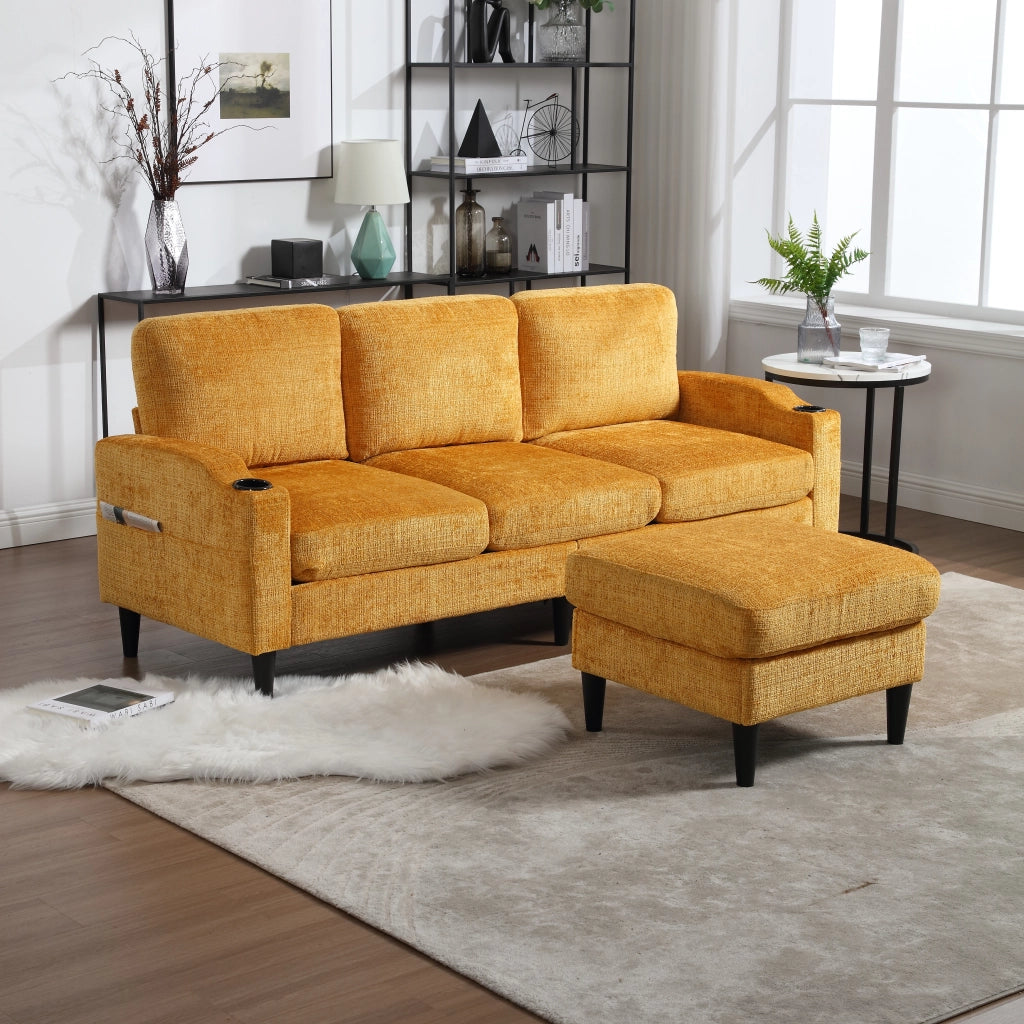 DIVANO 4 POSTI 196,5x75x77 cm in Chenille Giallo con Pouf e Contenitore