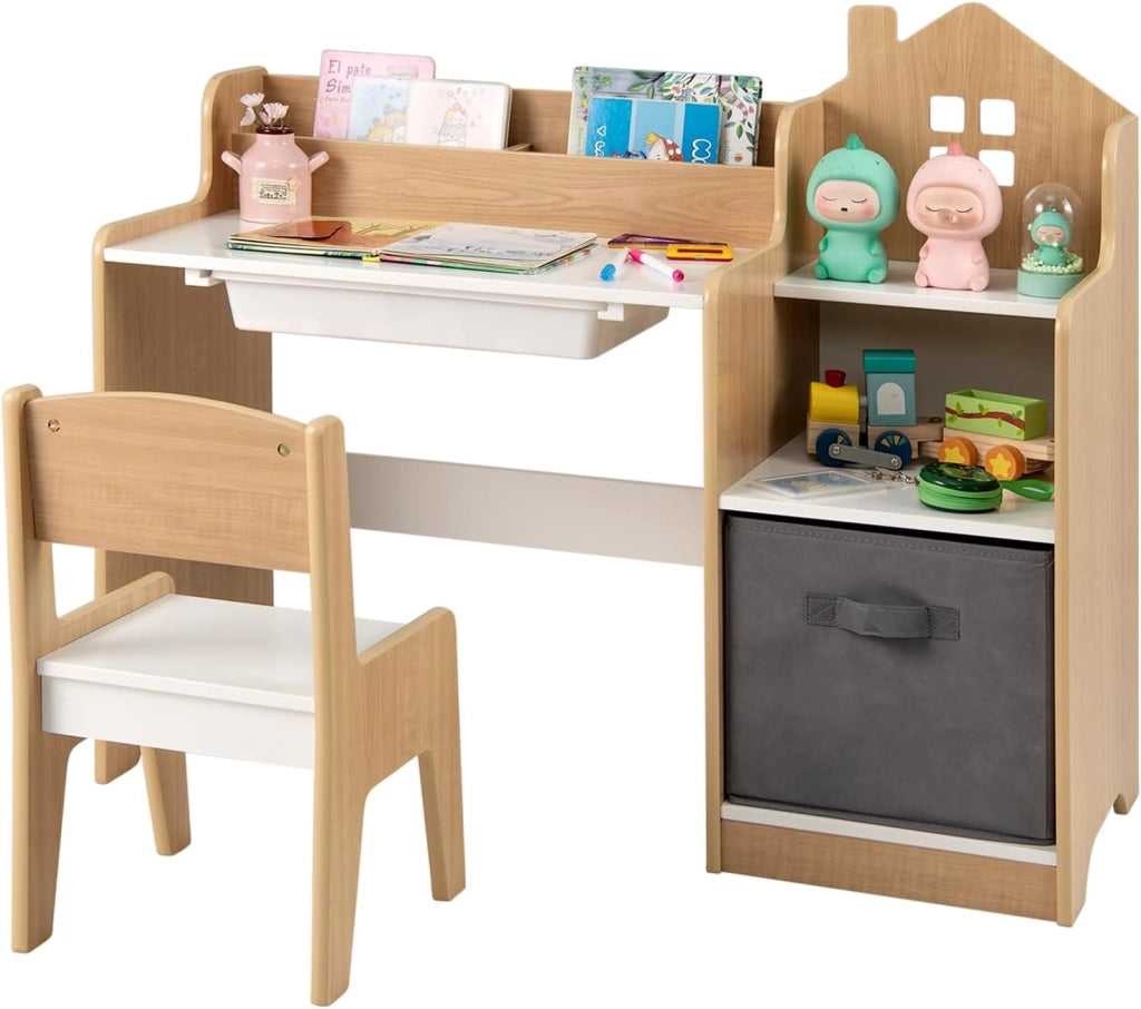 Set Scrivania e Sedia per Bambini 3-12 Anni, Tavolo e Sedia in Legno Salvaspazio con Cassetto in Plastica e Cassetto in Tessuto, Banco Scuola e Seggiola per Cameretta (Naturale)
