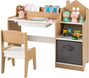 Set Scrivania e Sedia per Bambini 3-12 Anni, Tavolo e Sedia in Legno Salvaspazio con Cassetto in Plastica e Cassetto in Tessuto, Banco Scuola e Seggiola per Cameretta (Naturale)