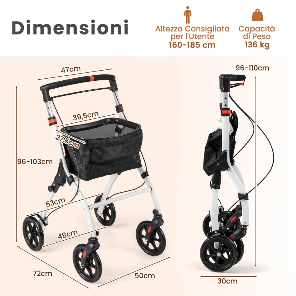 Rollator per anziani con vassoio cesto per la spesa 4 ruote e freni-Deambulatore pieghevole regolabile in altezza Bianco e nero