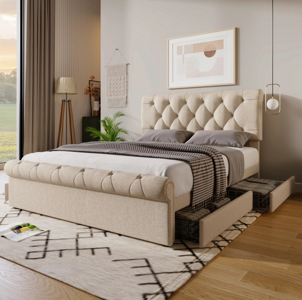 Letto matrimoniale 140x200 cm con 4 cassetti e testiera regolabile; naturale