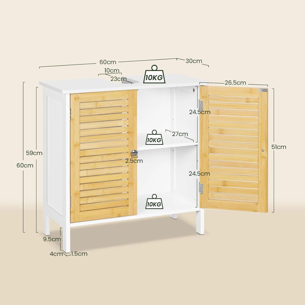 Mobile Sottolavello per Bagno, Mobiletto per Lavabo, Armadio a Pavimento con Ante e Ripiano Regolabile, Colore Bambù Naturale+Bianco, 60x30x60cm