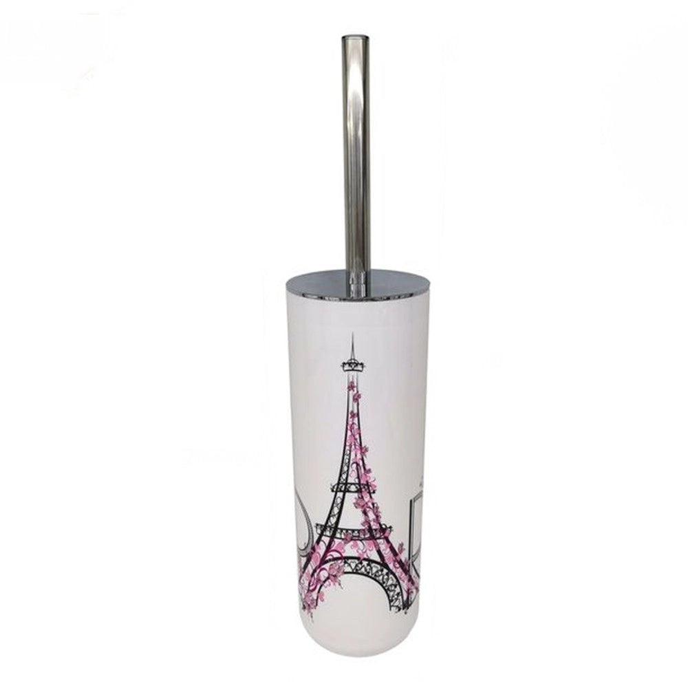 Trade Shop - Portascopino Bianco Decorato Scritta Paris Con Scopino Accessorio Bagno 87043 -