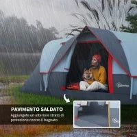 Tenda da Campeggio 6 Posti Idrorepellente con Protezione UV, Pali in Fibra di Vetro, 4.55x2.2x1.8 m, Grigia