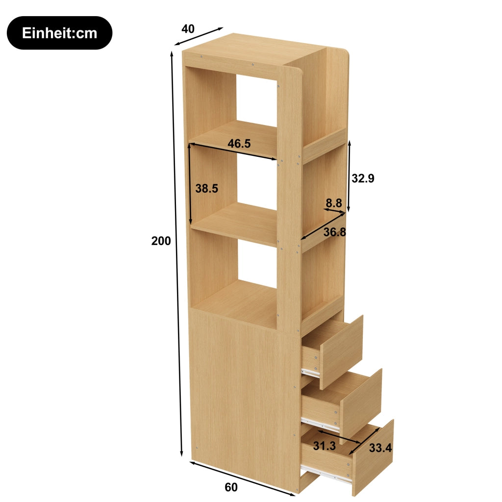 Libreria stretta alta 200 cm con 3 ripiani aperti e 3 cassetti; rovere
