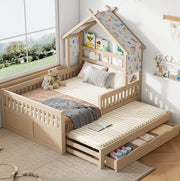 Letto a casetta 140x200 cm con letto estraibile; 3 cassetti e sponde di sicurezza; crema