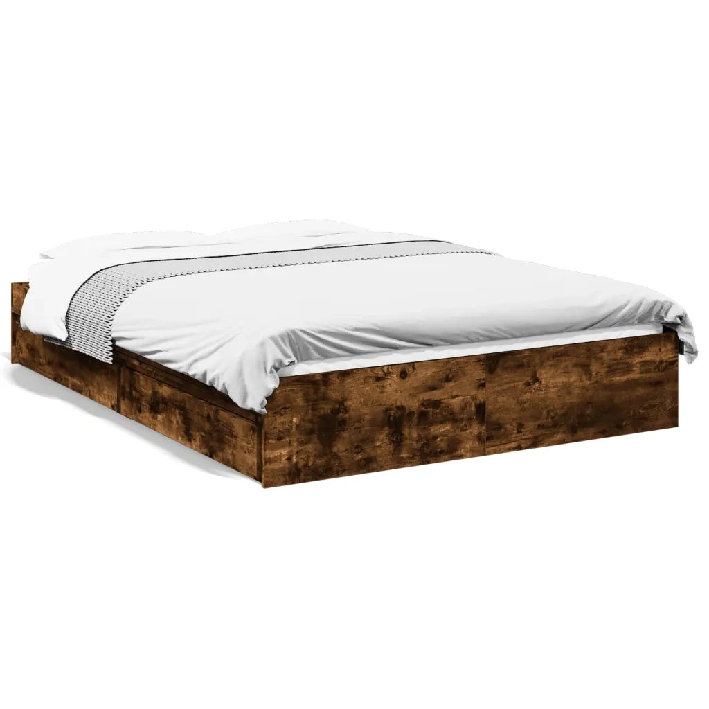 Letto matrimoniale | Letto per adulti | Giroletto con Cassetti Rovere Fumo 135x190 cm Legno Multistrato