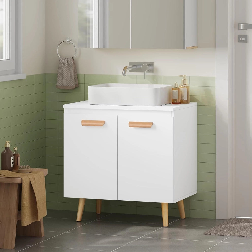 Armadietto Sotto Lavabo in Legno Mobiletto da Bagno Sottolavandino con Piedistrallo Doppia Anta Bianco