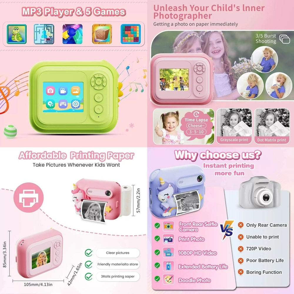 Trade Shop - Mini Macchina Fotografica Portatile Design Unicorno Multifunzionale A Batteria Per Bambini -
