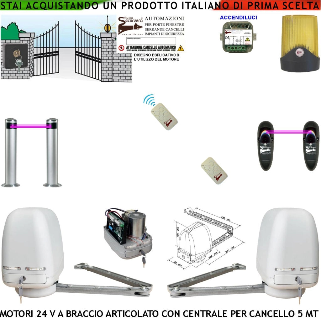 Kit 2 Motori a Braccio Articolato 24 V Cancello Automatico 2 Ante da 0,5 a 2,5 MT Centrale 220/24 V 2 Radiocomandi Faro Selettore 2 Fotocellule 2 Paline