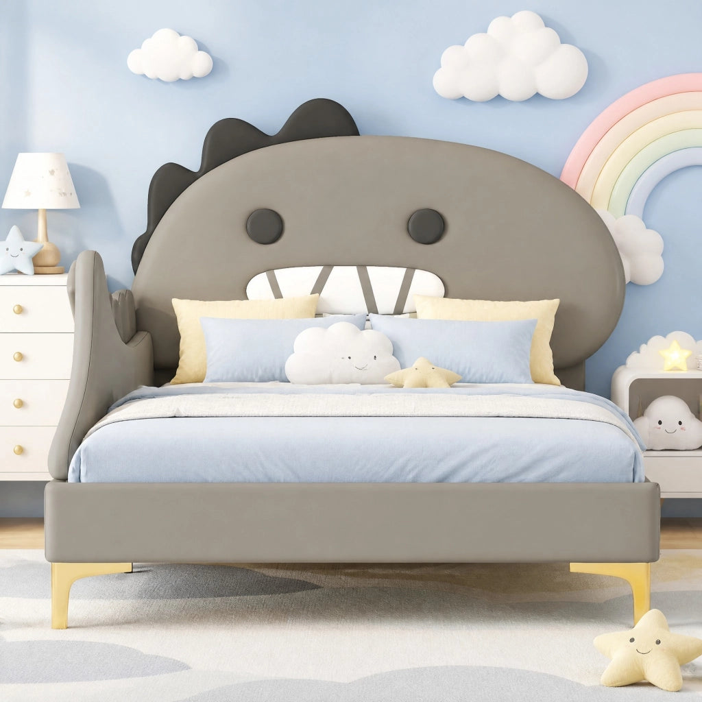 Letto per bambini 90x200 cm a forma di dinosauro in PU e MDF, grigio