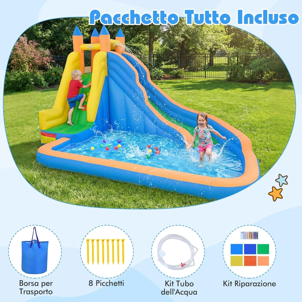 Castello Gonfiabile per Bambini, 3 in 1 Giochi Gonfiabili con Scivolo, Piscina e Parete di Arrampicata, Parco Acquatico da Esterno per Giardino e Prato, per Bmbini 3-12 Anni
