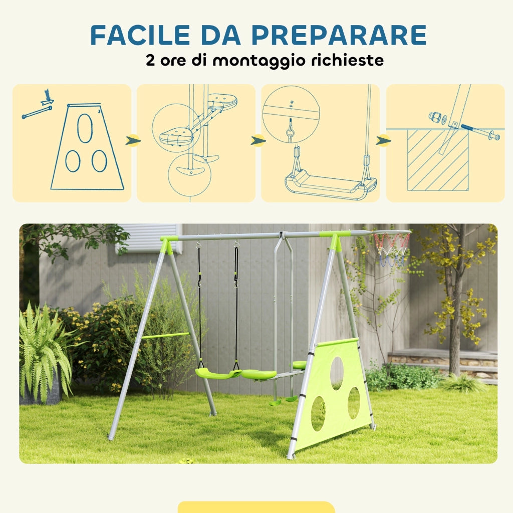Gioco per Bambini 4 in 1 215x180x182 cm con 2 Altalene Canestro e Porta da Calcio Verde e Grigio