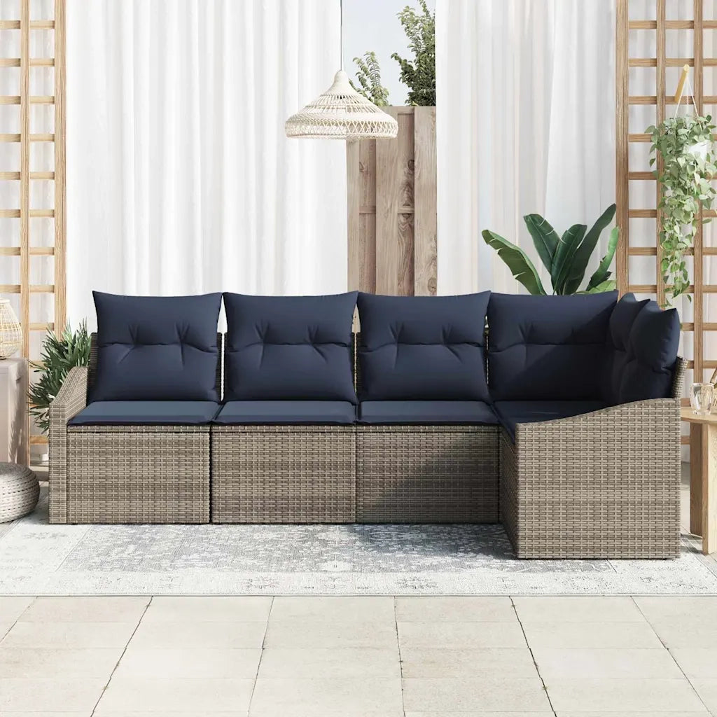 Set Divano da Giardino 5 pcs Grigio e Blu Navy polyrattan