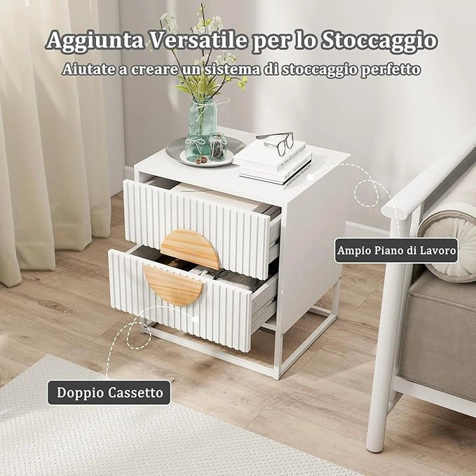 Comodino a 2 Cassetti, Tavolino con Maniglie in Legno di Pino e Struttura in Metallo, Cassettiera Salvaspazia Moderna per Camera da Letto e Soggiorno, 48 x 40 x 55 cm