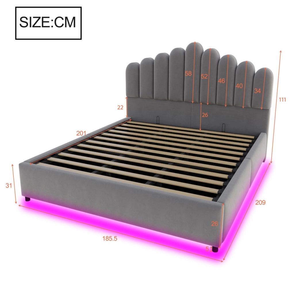 Letto imbottito 180x200 cm con contenitore idraulico; LED; velluto grigio