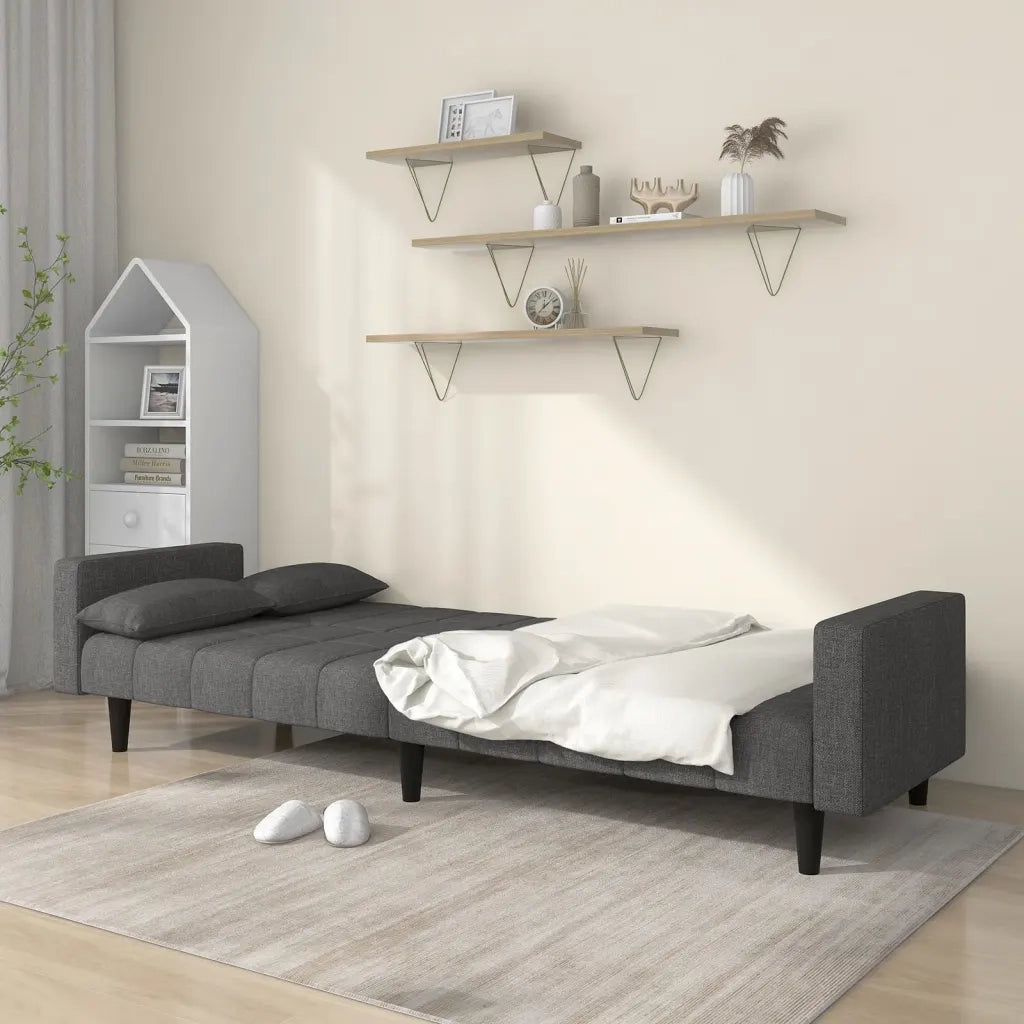Divano Letto a 2 Posti con 2 Cuscini Grigio Scuro in Tessuto 375834
