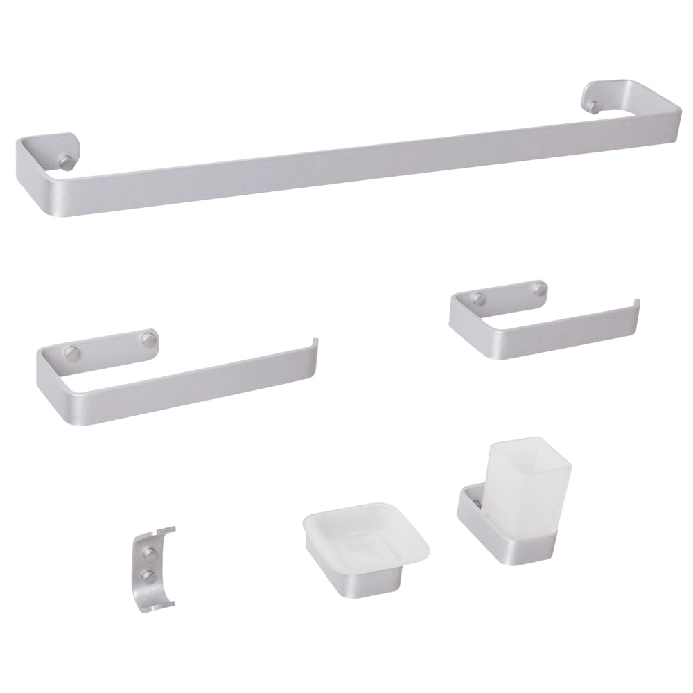 Set di 6 accessori da bagno in alluminio e vetro finitura opaca argento